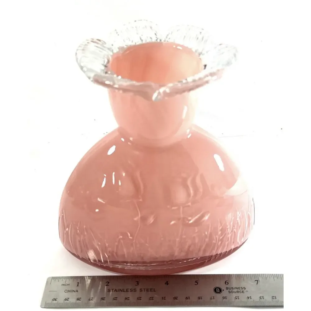 Vintage Pink Satin Glass Vase Embossed Floral Clear Ruffled Rim 7.5” Art Glass